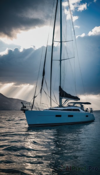 outdoors,sky,day,cloud,water,blue sky,no humans,ocean,sunlight,cloudy sky,scenery,light rays,horizon,watercraft,vehicle focus,ship,boat,sunbeam,waves