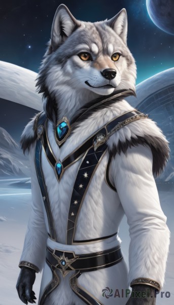 solo,smile,gloves,long sleeves,1boy,animal ears,jewelry,standing,yellow eyes,male focus,cowboy shot,outdoors,sky,belt,artist name,coat,orange eyes,fur trim,night,moon,looking up,brooch,gem,star (sky),night sky,claws,furry,snow,starry sky,furry male,white fur,planet,black fur,looking at viewer,teeth,black gloves,space,wolf,earth (planet)