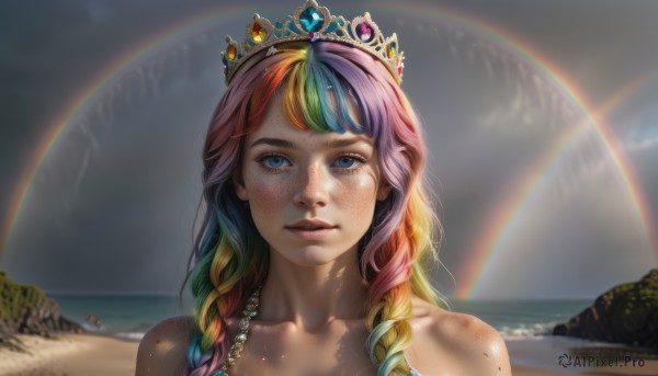 1girl,solo,long hair,looking at viewer,bangs,blue eyes,blonde hair,bare shoulders,jewelry,blue hair,collarbone,upper body,pink hair,purple hair,braid,multicolored hair,outdoors,parted lips,sky,day,artist name,cloud,water,necklace,blurry,twin braids,two-tone hair,lips,gradient hair,ocean,watermark,beach,sunlight,tiara,crown,gem,portrait,web address,freckles,rock,realistic,nose,sand,rainbow,rainbow hair,red hair,green hair,eyelashes,lens flare