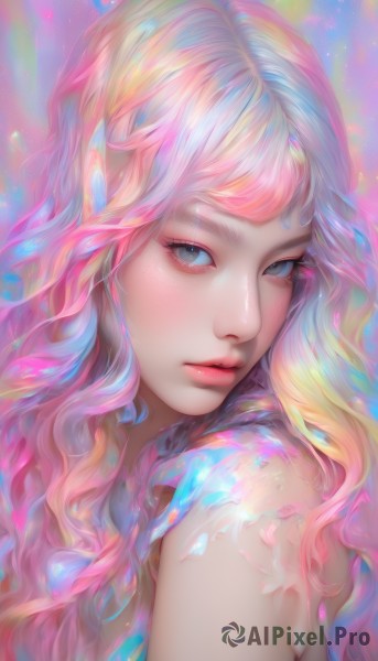 1girl,solo,long hair,looking at viewer,bangs,blue eyes,blonde hair,bare shoulders,closed mouth,blue hair,upper body,pink hair,multicolored hair,parted lips,artist name,lips,grey eyes,eyelashes,gradient hair,makeup,watermark,wavy hair,portrait,eyeshadow,pink lips,realistic,nose,eyeliner,colorful,mascara,rainbow hair,from side,freckles