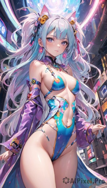 1girl,solo,long hair,breasts,looking at viewer,blush,smile,bangs,blue eyes,hair ornament,long sleeves,ribbon,navel,animal ears,cleavage,bare shoulders,jewelry,medium breasts,closed mouth,blue hair,standing,purple eyes,swimsuit,hair ribbon,white hair,sidelocks,thighs,multicolored hair,cowboy shot,earrings,parted lips,detached sleeves,open clothes,cat ears,off shoulder,stomach,nail polish,leotard,two side up,lips,coat,groin,animal ear fluff,clothing cutout,bell,detached collar,highleg,revealing clothes,jingle bell,highleg leotard,gold trim,open coat,hair bell,blue leotard,navel cutout,very long hair,jacket,collar,skindentation,black nails,armpit crease,cyberpunk