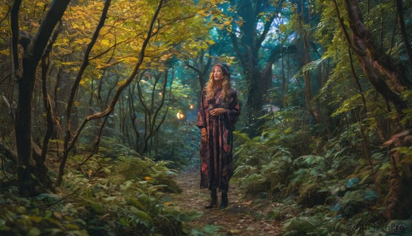 1girl,solo,long hair,brown hair,long sleeves,1boy,standing,male focus,boots,outdoors,japanese clothes,day,wide sleeves,kimono,tree,leaf,floral print,sunlight,plant,nature,scenery,forest,walking,lantern,dappled sunlight,pointy ears,sash,grass,rock,autumn leaves,wide shot