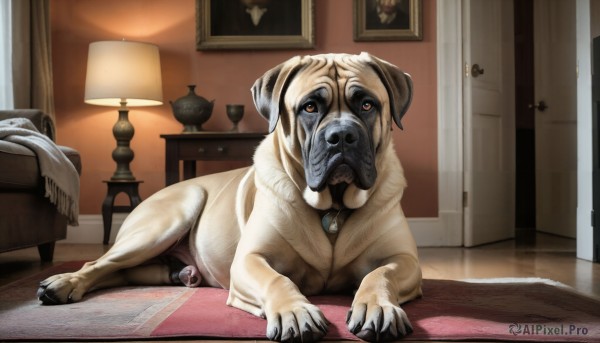 HQ,solo,looking at viewer,red eyes,full body,indoors,no humans,animal,table,claws,dog,realistic,door,lamp,animal focus,painting (object),horror (theme),carpet,rug,brown eyes,sitting,lying,collar,cup,on side,chair,wooden floor,mirror,animal collar,picture frame