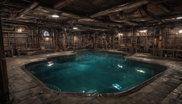 indoors,water,book,no humans,window,chair,table,scenery,stairs,door,lamp,architecture,ceiling light,science fiction,wooden floor,light,cable,watercraft,industrial pipe