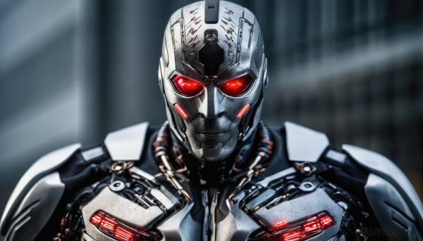 solo,looking at viewer,red eyes,1boy,upper body,male focus,armor,blurry,mask,blurry background,glowing,helmet,robot,glowing eyes,science fiction,realistic,cable,straight-on,cyborg,power armor,humanoid robot,no humans,depth of field,portrait,android,cyberpunk