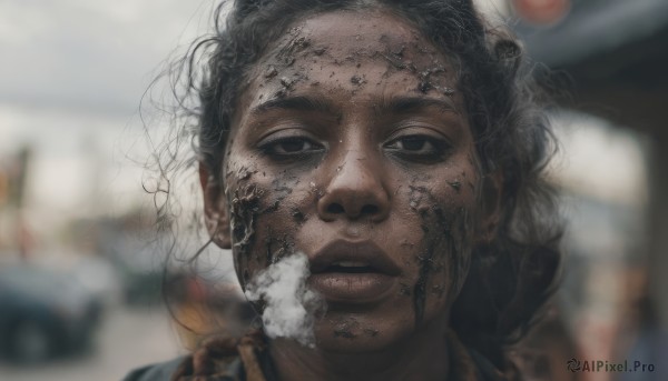 1girl,solo,long hair,looking at viewer,black hair,1boy,closed mouth,braid,male focus,solo focus,dark skin,blurry,black eyes,dark-skinned female,depth of field,blurry background,dark-skinned male,messy hair,portrait,dirty,dirty face,parted lips,lips,smoke,realistic