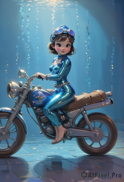 1girl,solo,breasts,looking at viewer,blush,smile,short hair,blue eyes,brown hair,black hair,cleavage,sitting,full body,small breasts,parted lips,choker,belt,water,high heels,lips,bodysuit,goggles,ground vehicle,skin tight,motor vehicle,bubble,goggles on head,light rays,underwater,air bubble,motorcycle,blue bodysuit,on motorcycle,jewelry,medium breasts,earrings,black eyes,bracelet,makeup,brown footwear,helmet,lipstick,shiny clothes,red lips