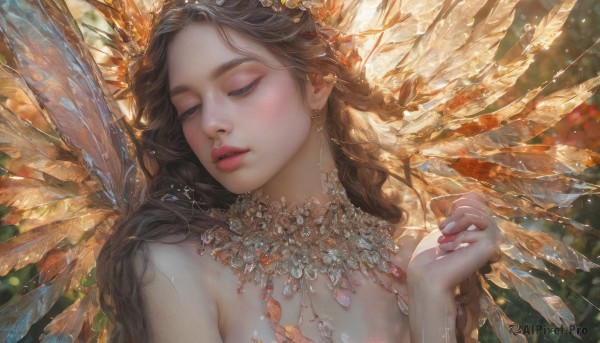 1girl,solo,long hair,brown hair,hair ornament,bare shoulders,jewelry,closed eyes,upper body,braid,nude,earrings,parted lips,wings,artist name,hand up,necklace,nail polish,blurry,lips,fingernails,eyelashes,depth of field,blurry background,wavy hair,portrait,realistic,breasts,cleavage,pointy ears,head tilt,makeup,watermark,facing viewer,light particles,long fingernails,nose,fairy wings,fairy