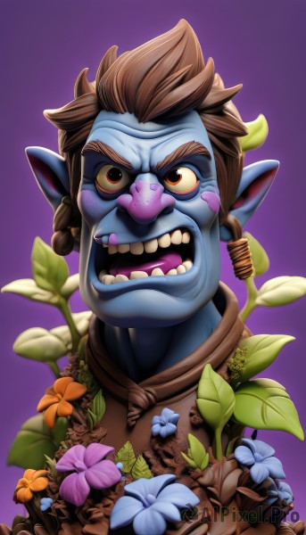 solo,looking at viewer,short hair,open mouth,brown hair,1boy,brown eyes,braid,flower,male focus,teeth,pointy ears,twin braids,colored skin,leaf,fangs,thick eyebrows,plant,portrait,purple background,blue flower,blue skin,purple flower,simple background,upper body,horns,colored sclera,yellow sclera