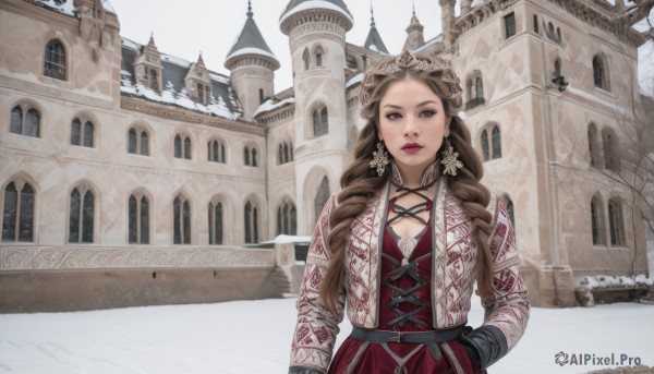 1girl,solo,long hair,breasts,looking at viewer,brown hair,gloves,long sleeves,dress,brown eyes,jewelry,closed mouth,upper body,braid,earrings,outdoors,day,tree,lips,makeup,drill hair,red dress,lipstick,building,scenery,snow,hand in pocket,snowing,red lips,architecture,winter,bare tree,castle,hair ornament,cleavage,medium breasts,flower,curly hair,realistic,hands in pockets