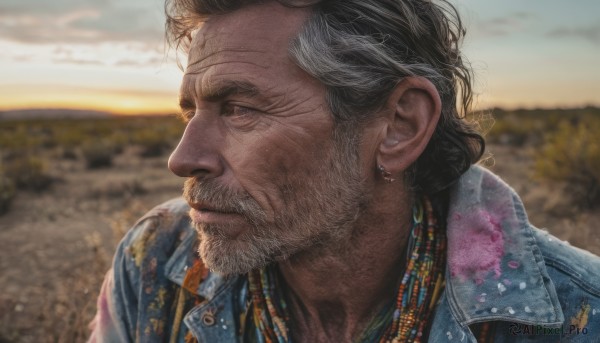 solo,shirt,black hair,1boy,jewelry,closed mouth,jacket,upper body,white hair,grey hair,male focus,earrings,outdoors,collared shirt,necklace,blurry,from side,looking to the side,profile,blurry background,facial hair,looking away,denim,portrait,beard,mature male,realistic,stubble,manly,old,old man,wrinkled skin,denim jacket,sky,cloud,blue jacket,sunset,mustache,looking afar,dirty