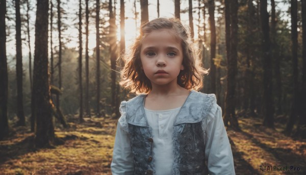 1girl,solo,looking at viewer,short hair,blue eyes,blonde hair,brown hair,shirt,long sleeves,closed mouth,jacket,white shirt,upper body,outdoors,day,medium hair,blurry,vest,tree,lips,sunlight,nature,forest,curly hair,realistic,autumn,denim jacket,parted lips,denim,wind,child,female child