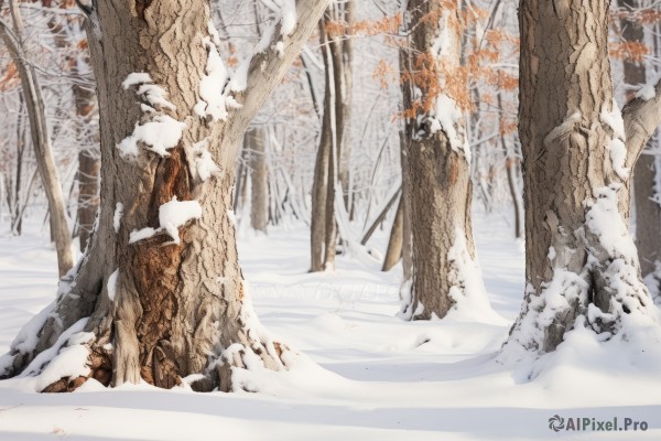 1girl,solo,monochrome,outdoors,tree,no humans,nature,scenery,snow,forest,winter,bare tree