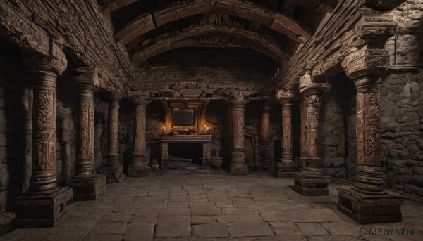 indoors,dutch angle,no humans,fire,scenery,stairs,door,architecture,ruins,pillar,statue,arch,column,stone floor,fantasy,candle,throne,torch,fireplace