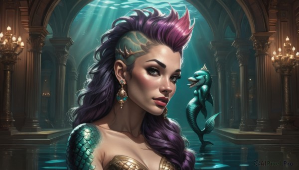 1girl,solo,long hair,breasts,looking at viewer,smile,cleavage,bare shoulders,brown eyes,jewelry,medium breasts,collarbone,upper body,purple hair,braid,multicolored hair,earrings,parted lips,artist name,indoors,signature,water,black eyes,two-tone hair,lips,grey eyes,makeup,lipstick,monster girl,light rays,red lips,candle,scales,pillar,statue,blue eyes,multiple girls,green eyes,scar,eyeshadow,underwater,realistic,eyeliner,mermaid,fins