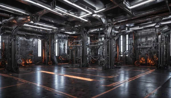 indoors,no humans,window,sunlight,ground vehicle,scenery,science fiction,light rays,door,light,robot,machinery,cable,industrial pipe