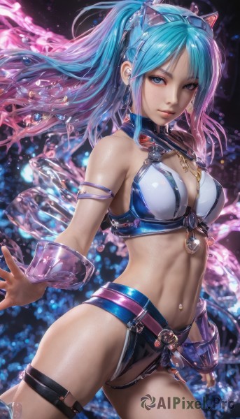 1girl,solo,long hair,breasts,looking at viewer,bangs,blue eyes,navel,animal ears,cleavage,bare shoulders,twintails,jewelry,medium breasts,blue hair,swimsuit,ponytail,pink hair,bikini,multicolored hair,cowboy shot,earrings,parted lips,midriff,shiny,belt,cat ears,necklace,nail polish,two-tone hair,lips,fingernails,see-through,shiny skin,gradient hair,thigh strap,fake animal ears,piercing,armlet,zipper,freckles,realistic,navel piercing,standing,shorts,armor,watermark,web address