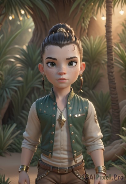 1girl,solo,looking at viewer,short hair,brown hair,shirt,black hair,hair ornament,long sleeves,brown eyes,jewelry,closed mouth,standing,white shirt,cowboy shot,earrings,outdoors,belt,pants,necklace,hair bun,blurry,black eyes,vest,bracelet,tree,lips,fingernails,buttons,single hair bun,plant,child,forehead,sleeves rolled up,freckles,realistic,nose,arms at sides,female child,brown pants,green vest,hair pulled back,open vest,brown vest,jacket,ponytail,artist name,blurry background,facial mark,nature,palm tree,sleeves pushed up