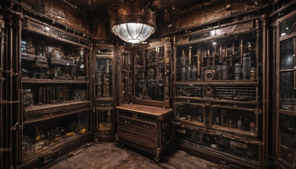 indoors,book,dutch angle,no humans,window,night,scenery,stairs,door,clock,bookshelf,shelf,gears,steampunk,wooden floor,fantasy,candlestand,cabinet,chandelier,globe,loaded interior