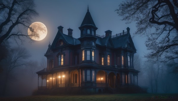 outdoors,sky,cloud,tree,no humans,window,night,moon,building,night sky,scenery,full moon,architecture,house,bare tree,castle,fog,grass,nature,forest,door,moonlight,church,arch