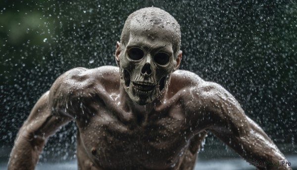 solo,looking at viewer,1boy,upper body,male focus,teeth,wet,muscular,parody,snow,skull,snowing,realistic,bald,nipples,blurry,no humans,blood,veins,topless male,manly,horror (theme)