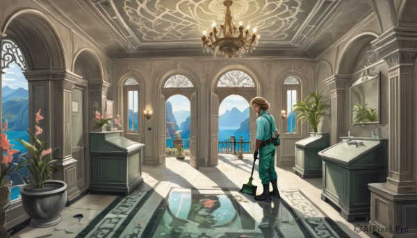 link,solo,short hair,blonde hair,brown hair,shirt,gloves,1boy,holding,standing,weapon,flower,short sleeves,male focus,boots,sky,day,pointy ears,belt,pants,sword,cloud,indoors,water,black footwear,window,sunlight,plant,sheath,scenery,reflection,green shirt,door,tiles,potted plant,lamp,architecture,tile floor,wide shot,pillar,vase,statue,painting (object),tunic,arch,reflective floor,chandelier,long sleeves,shoes,from side,blue sky,profile,shadow,bird,ocean,animal,single hair bun,fish,lantern,mountain,railing,candle,picture frame,green pants,floor,carpet,candlestand