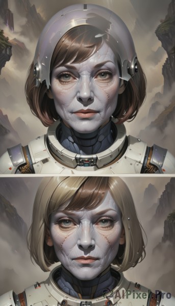 1girl,looking at viewer,short hair,bangs,blue eyes,brown hair,brown eyes,closed mouth,lips,multiple views,colored skin,scar,bob cut,helmet,portrait,science fiction,realistic,nose,grey skin,spacesuit,shiny,armor,grey eyes,swept bangs,headgear,pale skin,serious,2koma,dirty,dirty face,split screen,comparison