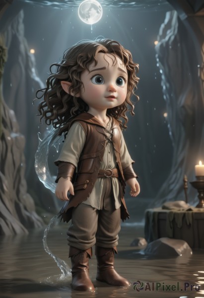 1girl,solo,long hair,blue eyes,brown hair,shirt,long sleeves,standing,full body,boots,parted lips,pointy ears,belt,pants,artist name,signature,water,vest,lips,night,wavy hair,brown footwear,moon,child,full moon,freckles,curly hair,rock,fantasy,female child,candle,brown vest,moonlight,lalafell,candlelight,1boy,male focus,medium hair,blurry,watermark,elf