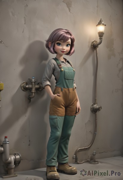 1girl,solo,looking at viewer,smile,short hair,open mouth,bangs,blue eyes,brown hair,shirt,long sleeves,standing,full body,white shirt,pink hair,purple hair,boots,shoes,shorts,teeth,pants,artist name,lips,swept bangs,shadow,brown footwear,grey shirt,sleeves rolled up,hand in pocket,tiles,light,lamp,overalls,light bulb,industrial pipe,breasts,blush,:d,parted lips,collared shirt,indoors,makeup,buttons,suspenders,lipstick,pocket,nose,green shirt,red lips,wall,brown shorts,sleeves pushed up,sleeves past elbows,spotlight