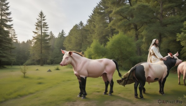 1girl,solo,brown hair,long sleeves,1boy,standing,outdoors,sky,day,hood,from side,tree,animal,grass,nature,scenery,hood up,forest,robe,realistic,riding,horse,saddle,long hair,black hair,male focus,profile,bush,field,pig,horseback riding,cow