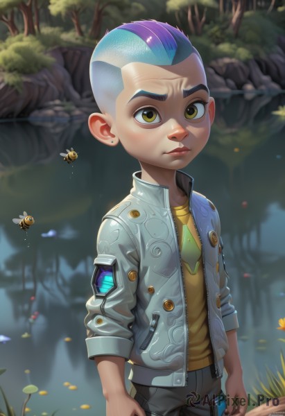 solo,looking at viewer,shirt,1boy,brown eyes,jewelry,closed mouth,green eyes,blue hair,standing,jacket,yellow eyes,purple hair,male focus,multicolored hair,earrings,outdoors,open clothes,pants,open jacket,tree,bug,aged down,butterfly,child,nature,forest,stud earrings,male child,bald,very short hair,mohawk,flower,artist name,two-tone hair,lips,rock,realistic