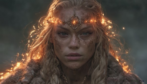 A female in a picturesque fiery dynamic scene