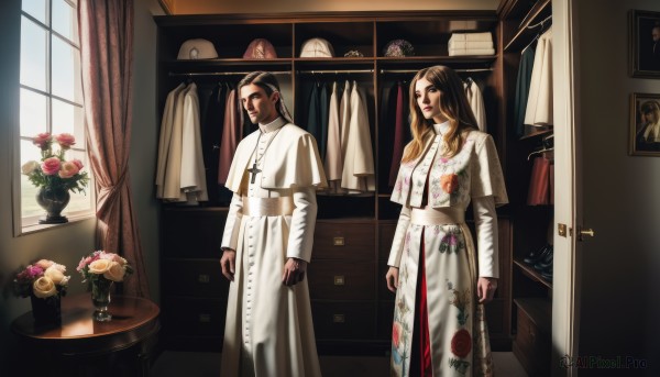 1girl,long hair,looking at viewer,brown hair,black hair,long sleeves,1boy,dress,jewelry,standing,flower,multicolored hair,indoors,necklace,white dress,window,makeup,rose,facial hair,floral print,table,cross,lipstick,curtains,pink flower,robe,mirror,mustache,arms at sides,red lips,nun,cross necklace,pink rose,vase,picture frame,painting (object),latin cross,priest,portrait (object)