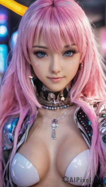 1girl,solo,long hair,breasts,looking at viewer,smile,bangs,blue eyes,cleavage,jewelry,medium breasts,closed mouth,swimsuit,upper body,pink hair,earrings,open clothes,choker,shiny,necklace,blurry,lips,eyelashes,makeup,blurry background,breasts apart,realistic,nose,bra