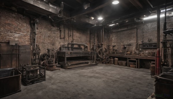 indoors,no humans,window,chair,table,box,scenery,stairs,door,lamp,shelf,ceiling,barrel,ceiling light,industrial pipe,crate,ground vehicle,wall,brick wall,wheel