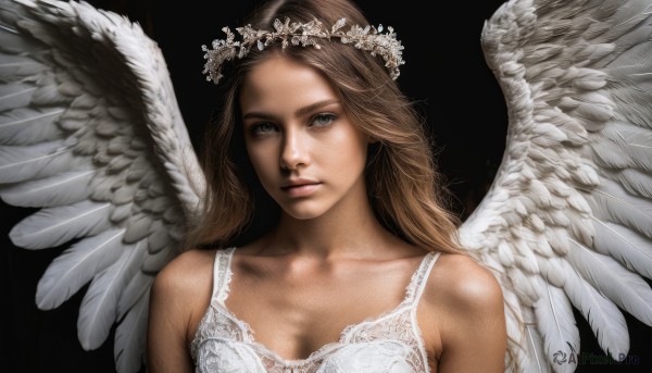 1girl,solo,long hair,breasts,looking at viewer,simple background,brown hair,hair ornament,dress,cleavage,bare shoulders,medium breasts,collarbone,upper body,flower,wings,white dress,lips,grey eyes,black background,feathered wings,angel wings,realistic,white wings,angel,head wreath,brown eyes,feathers