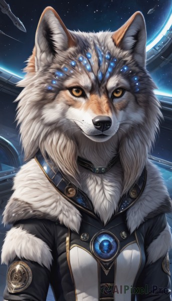 1girl,solo,looking at viewer,animal ears,brown eyes,jewelry,jacket,yellow eyes,upper body,artist name,signature,collar,coat,orange eyes,fur trim,no humans,animal,looking up,gem,star (sky),furry,starry sky,science fiction,fur collar,dog,furry female,space,planet,alien,spacecraft,breasts,closed mouth,sky,wolf