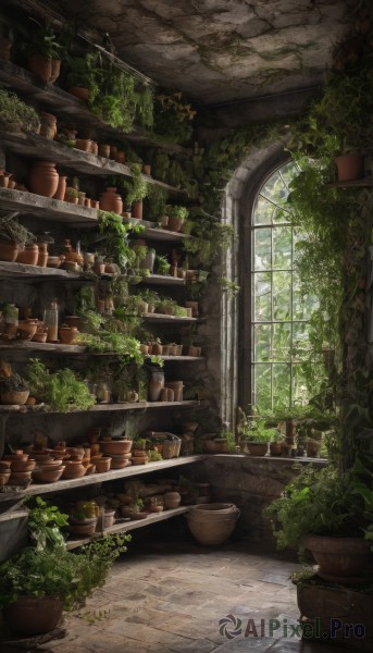 day,indoors,tree,no humans,window,sunlight,bottle,plant,scenery,potted plant,vines,brick wall,shelf,moss,artist name,signature,wall,jar,arch,stone wall