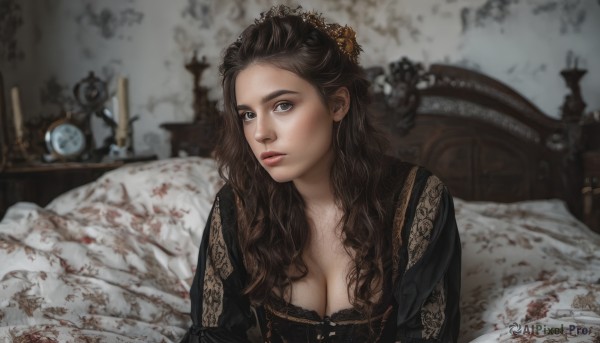 1girl,solo,long hair,breasts,looking at viewer,blue eyes,large breasts,brown hair,black hair,hair ornament,dress,cleavage,medium breasts,upper body,parted lips,indoors,blurry,black dress,lips,pillow,blood,bed,depth of field,blurry background,on bed,wavy hair,curly hair,realistic,clock,painting (object),makeup,lace