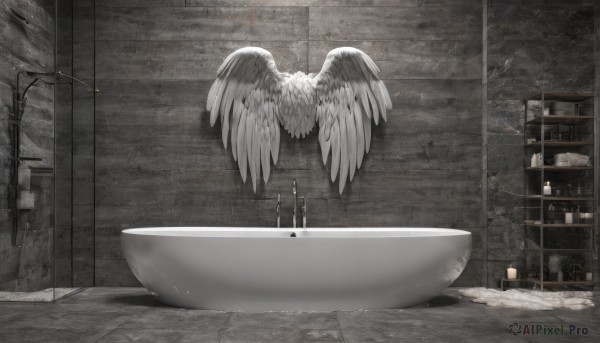 solo,monochrome,greyscale,wings,indoors,water,no humans,scenery,feathered wings,1other,angel wings,white wings,angel,bathtub,ambiguous gender,1girl,long hair,1boy,standing,weapon,from behind,tree,bowl,tiles,wall,tile floor,wide shot,tile wall