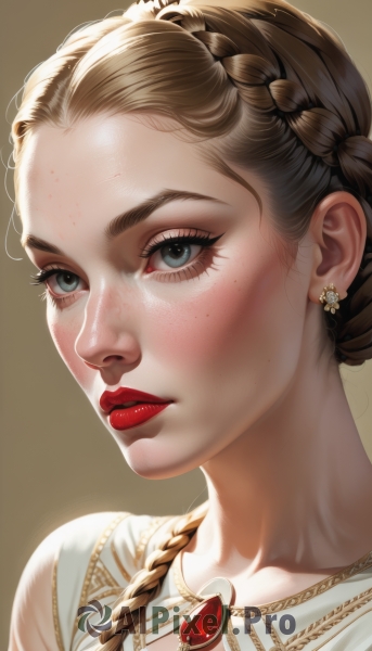 1girl,solo,long hair,looking at viewer,blue eyes,blonde hair,simple background,brown hair,dress,jewelry,collarbone,braid,earrings,parted lips,artist name,white dress,lips,eyelashes,makeup,lipstick,brooch,gem,portrait,close-up,forehead,freckles,brown background,realistic,nose,red lips,mascara,blush,closed mouth,necklace,watermark,eyeshadow,gold trim,eyeliner,red gemstone,mole on cheek