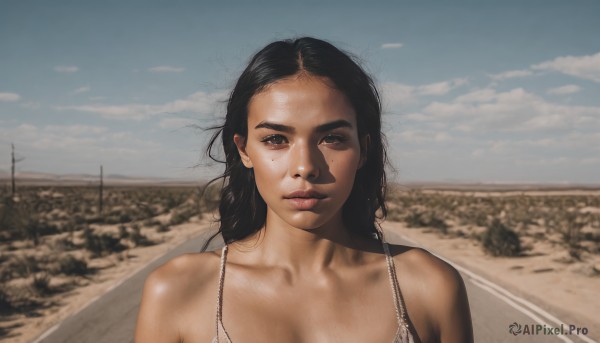 1girl,solo,long hair,looking at viewer,black hair,bare shoulders,brown eyes,collarbone,swimsuit,upper body,bikini,outdoors,parted lips,sky,day,cloud,mole,blurry,lips,mole under eye,freckles,realistic,nose,road,photo background,breasts,cleavage,bra,blue sky,messy hair,portrait,desert