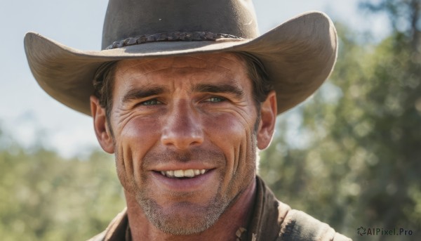 solo,looking at viewer,smile,short hair,brown hair,shirt,black hair,1boy,hat,male focus,outdoors,teeth,day,grin,blurry,depth of field,blurry background,facial hair,portrait,beard,realistic,mustache,brown headwear,cowboy hat,green eyes,lips,scar,half-closed eyes,thick eyebrows,scar on face