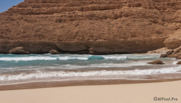 outdoors,sky,day,water,blue sky,no humans,ocean,beach,scenery,rock,sand,waves,shore,desert