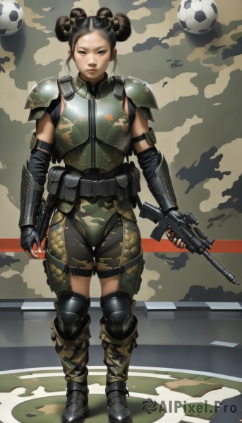 1girl,solo,looking at viewer,short hair,brown hair,black hair,gloves,holding,brown eyes,standing,full body,weapon,boots,shorts,black gloves,elbow gloves,belt,fingerless gloves,hair bun,black footwear,holding weapon,armor,black eyes,lips,gun,military,double bun,military uniform,shoulder armor,holding gun,rifle,ball,pauldrons,pouch,breastplate,realistic,assault rifle,knee pads,shoulder pads,camouflage,elbow pads,soccer ball,combat boots,camouflage pants,body armor,uniform,telstar