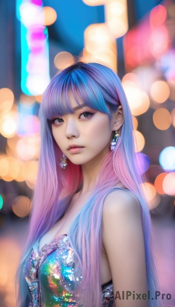 1girl,solo,long hair,breasts,looking at viewer,bangs,dress,cleavage,bare shoulders,jewelry,medium breasts,blue hair,upper body,pink hair,purple hair,multicolored hair,earrings,parted lips,blunt bangs,blurry,black eyes,from side,two-tone hair,lips,eyelashes,strapless,gradient hair,makeup,depth of field,blurry background,blue dress,realistic,nose,bokeh,closed mouth,artist name,looking to the side,watermark,gem,strapless dress,web address,eyeshadow,eyeliner,mascara,city lights