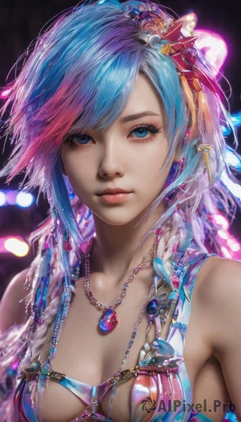 1girl,solo,long hair,breasts,looking at viewer,short hair,bangs,blue eyes,hair ornament,cleavage,bare shoulders,jewelry,medium breasts,closed mouth,blue hair,collarbone,upper body,pink hair,braid,multicolored hair,earrings,shiny,necklace,blurry,two-tone hair,lips,eyelashes,gradient hair,swept bangs,feathers,gem,pendant,pink lips,realistic,nose,swimsuit,bikini,star (symbol),twin braids,makeup,watermark,bikini top only,freckles,beads,feather hair ornament,mascara