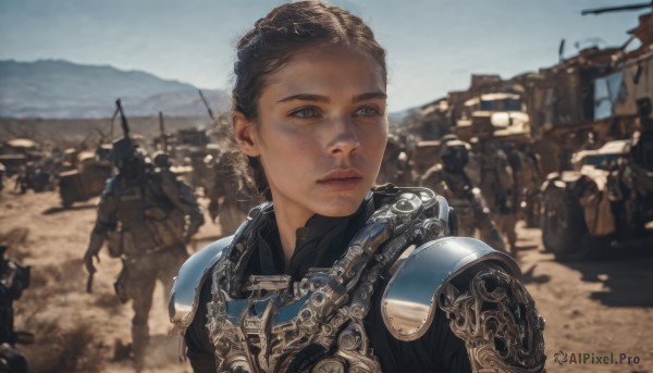 1girl,looking at viewer,short hair,brown hair,brown eyes,closed mouth,upper body,weapon,outdoors,multiple boys,sky,solo focus,day,armor,blurry,lips,gun,grey eyes,military,depth of field,blurry background,helmet,shoulder armor,freckles,pauldrons,breastplate,realistic,multiple others,soldier,desert,army,uniform,looking to the side,military uniform,portrait,rifle,war