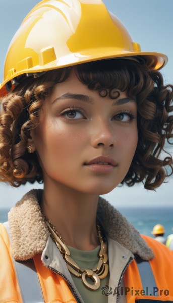 1girl,solo,looking at viewer,short hair,brown hair,shirt,hat,brown eyes,jewelry,jacket,upper body,earrings,outdoors,parted lips,sky,day,dark skin,necklace,blurry,dark-skinned female,blue sky,lips,fur trim,blurry background,ocean,thick eyebrows,portrait,baseball cap,freckles,curly hair,realistic,nose,bangs,teeth,eyelashes,helmet,zipper,horizon