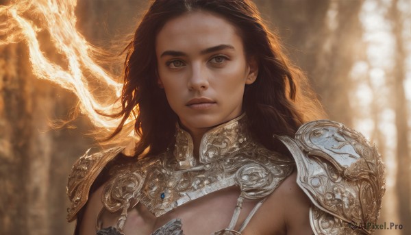 1girl,solo,long hair,breasts,looking at viewer,brown hair,black hair,brown eyes,closed mouth,upper body,armor,mole,blurry,lips,dutch angle,blurry background,expressionless,shoulder armor,portrait,forehead,pauldrons,realistic,nose,fantasy,bikini armor,close-up,backlighting,mole on breast